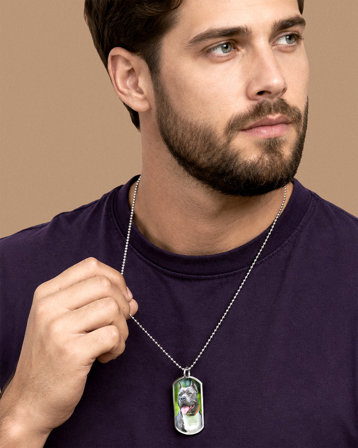 Stainless Steel Photo Dog Tag Photo Pendant w- 24 inch Ball Chain - on model