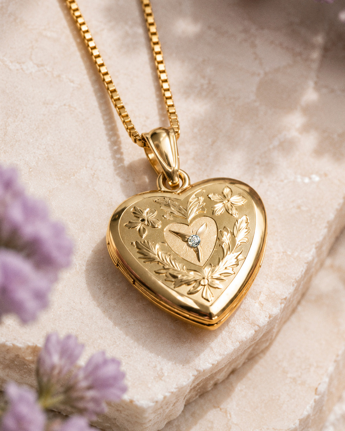 Gold Filled Baby Polished Heart Locket with w/ Diamond Center - lifestyle