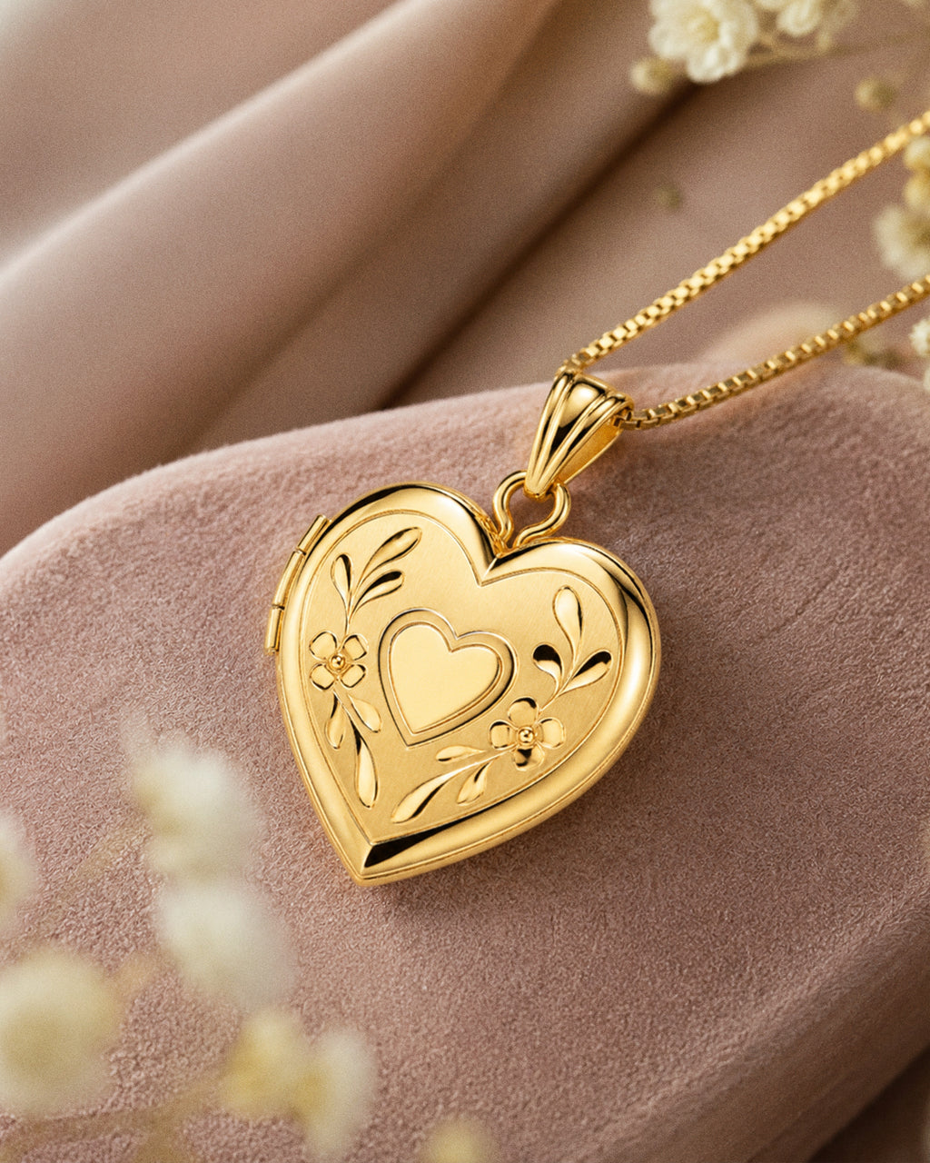Solid 14k Yellow Gold Floral Heart Photo Locket - lifestyle