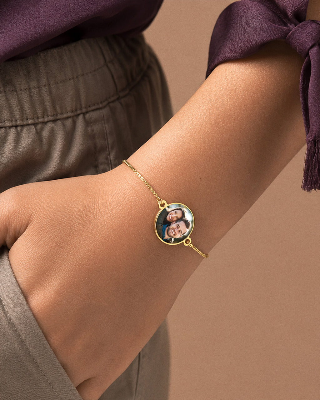 Women's Adjustable Round Photo Engraved Bracelet - on model