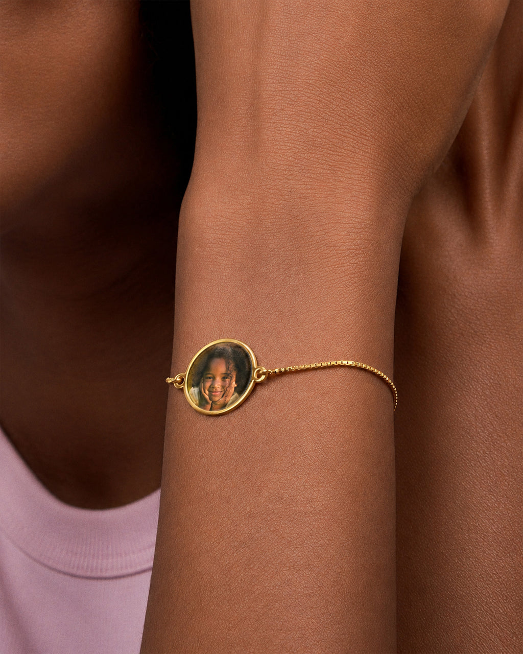 Women's Adjustable Round Photo Engraved Bracelet - on model