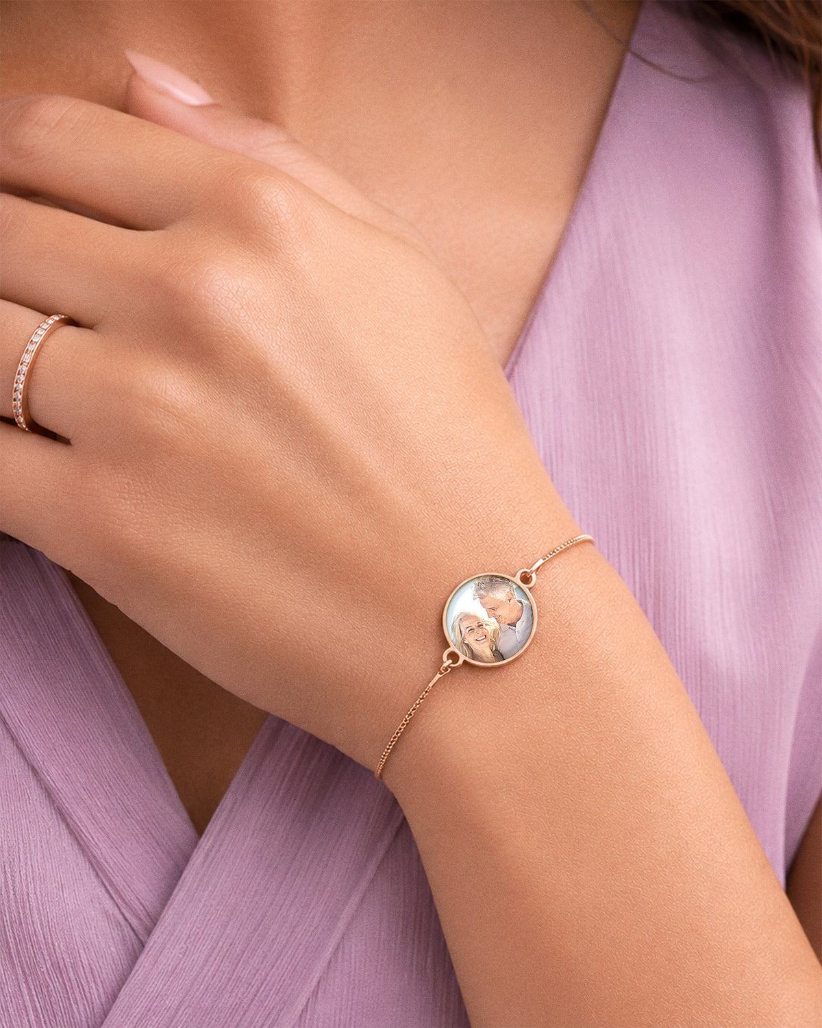 Women's Adjustable Round Photo Engraved Bracelet - on model