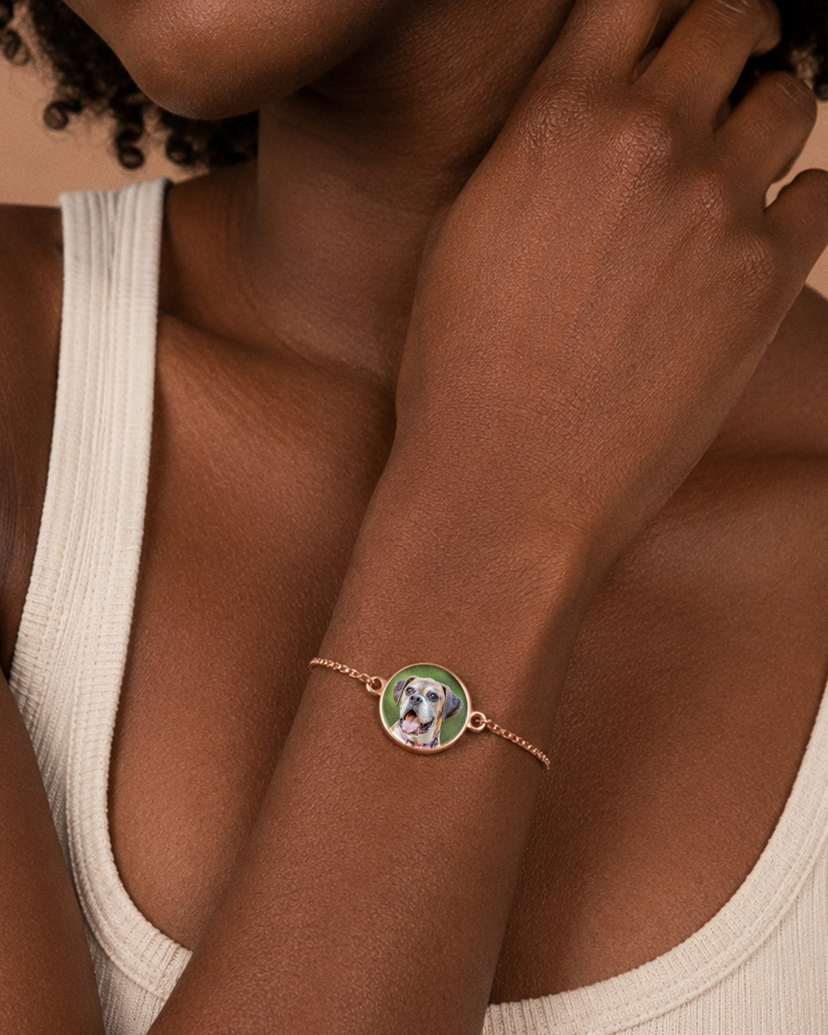Women's Adjustable Round Photo Engraved Bracelet - on model