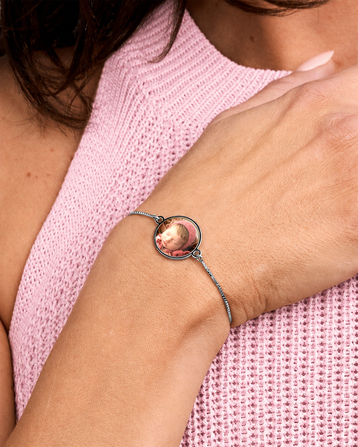 Women's Adjustable Round Photo Engraved Bracelet - on model