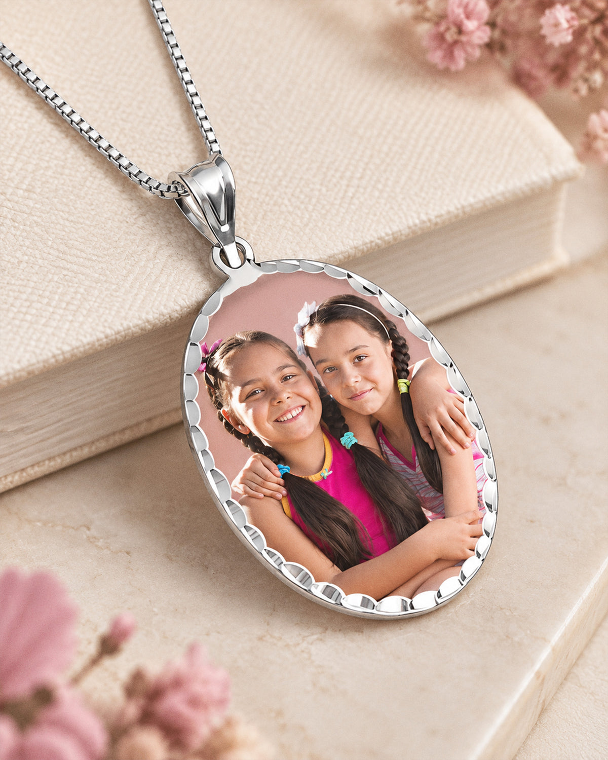 Oval w/ Diamond Cut Edge Photo Engraved Pendant - lifestyle