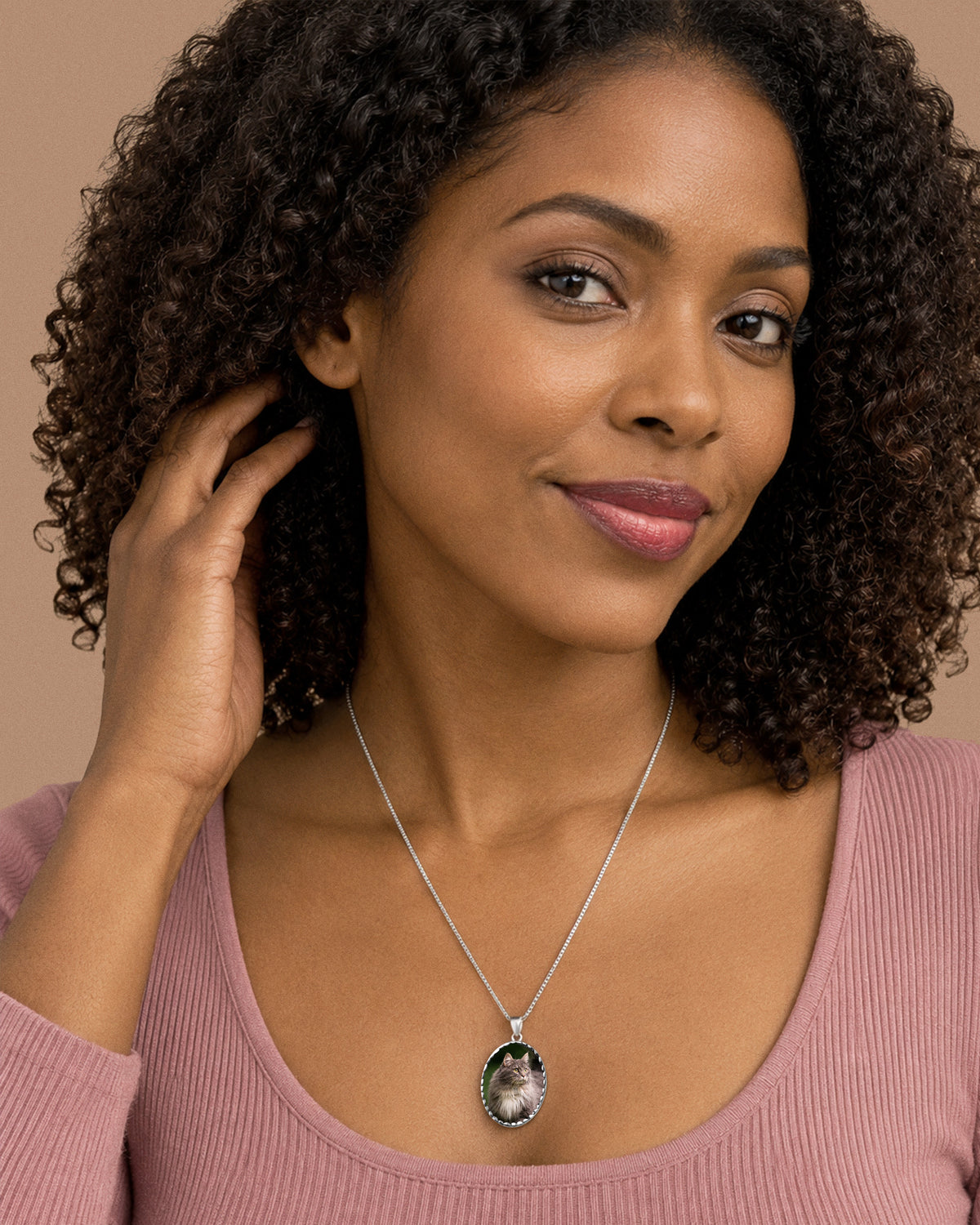 Oval w/ Diamond Cut Edge Photo Engraved Pendant - on model