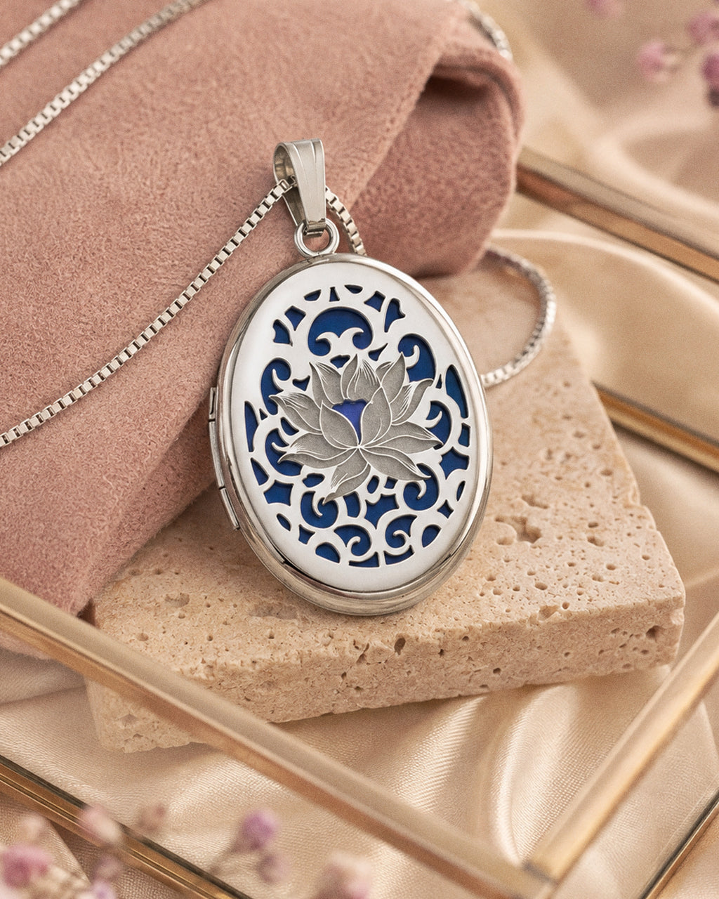 Sterling Silver Blue Lotus Oval Photo Locket - lifestyle