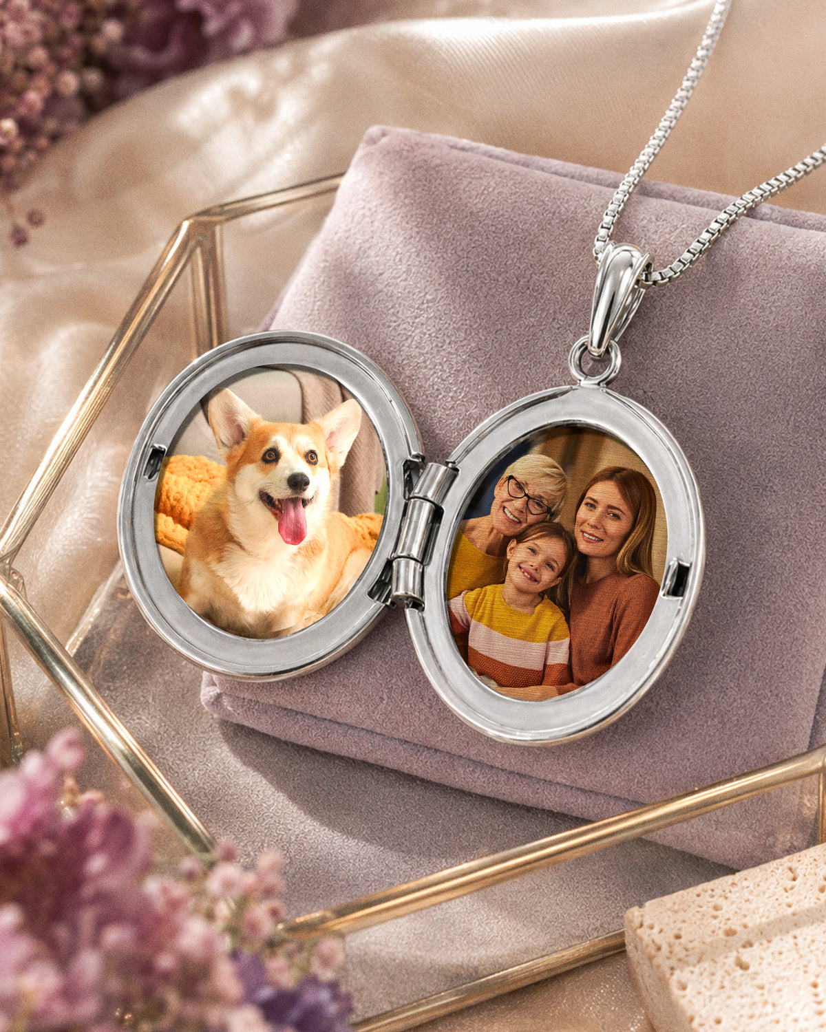Sterling Silver Blue Lotus Oval Photo Locket - lifestyle