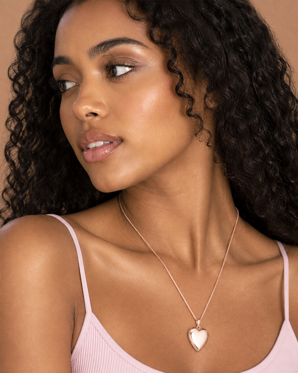 14k Rose Gold Classic Heart Photo Locket - on model