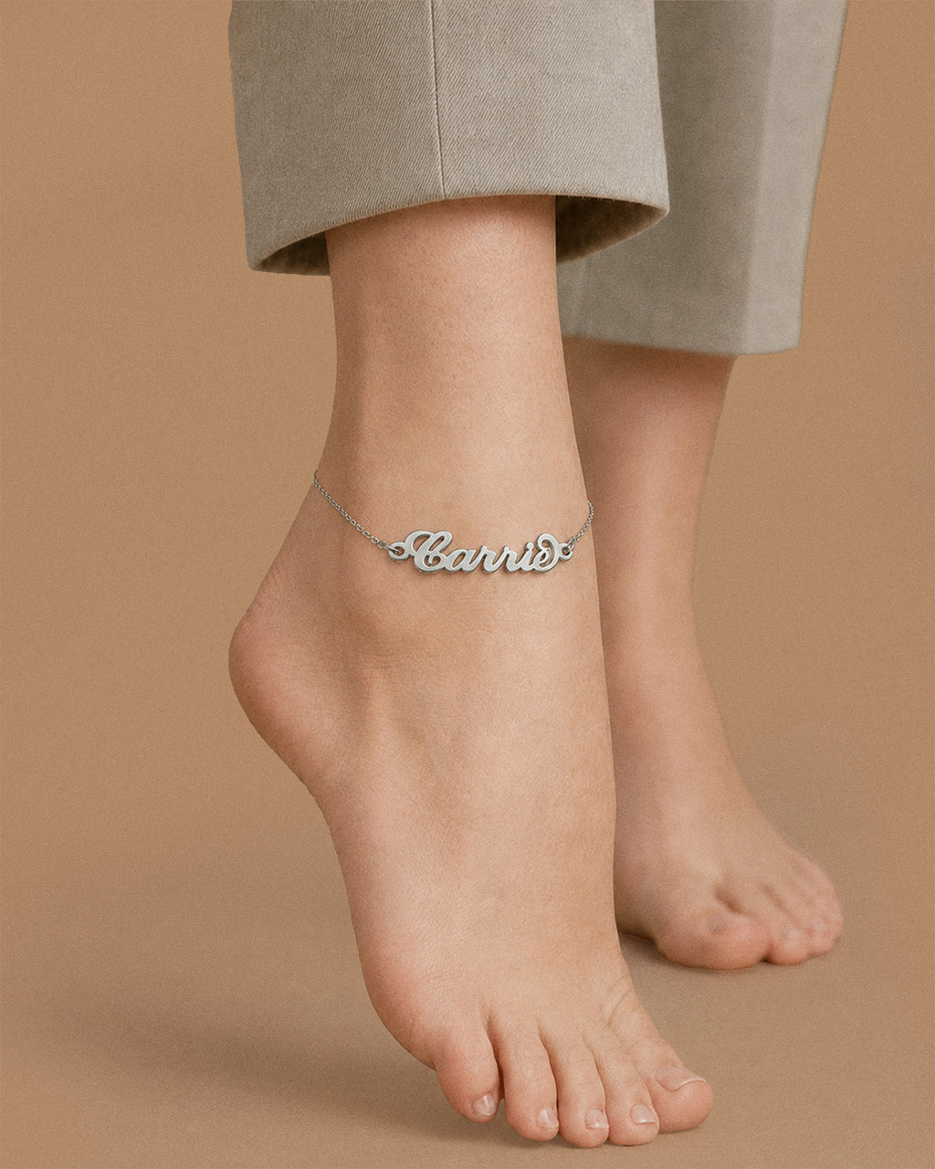 Exclusive Personalized Name Anklet / Ankle Bracelet- Adjustable Size - on model