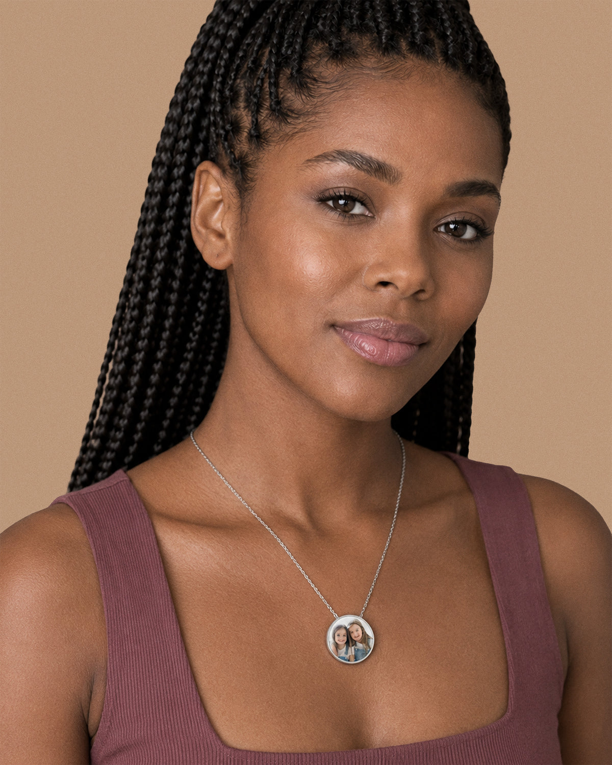 Petite Round Photo Engraved Necklace w/ 18" Chain - on model