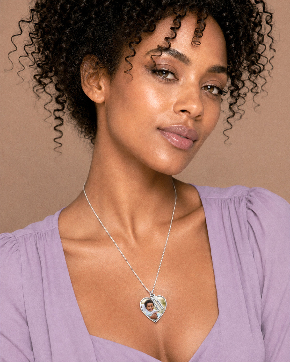Photo Pendant Heart Necklace w/ Personalized Name Tags - on model
