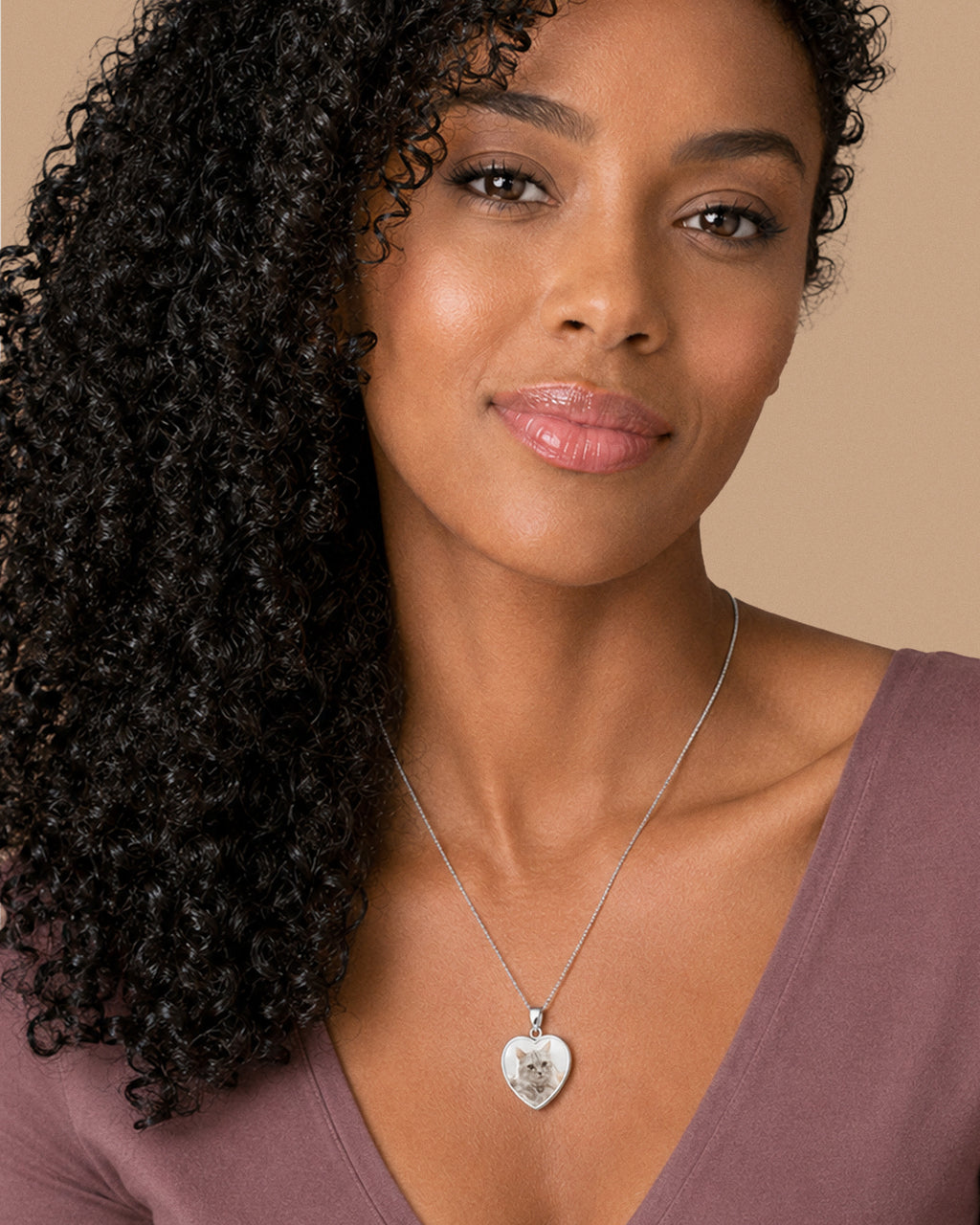 Stainless Steel Photo Engraved Heart Pendant with 18" Chain - on model