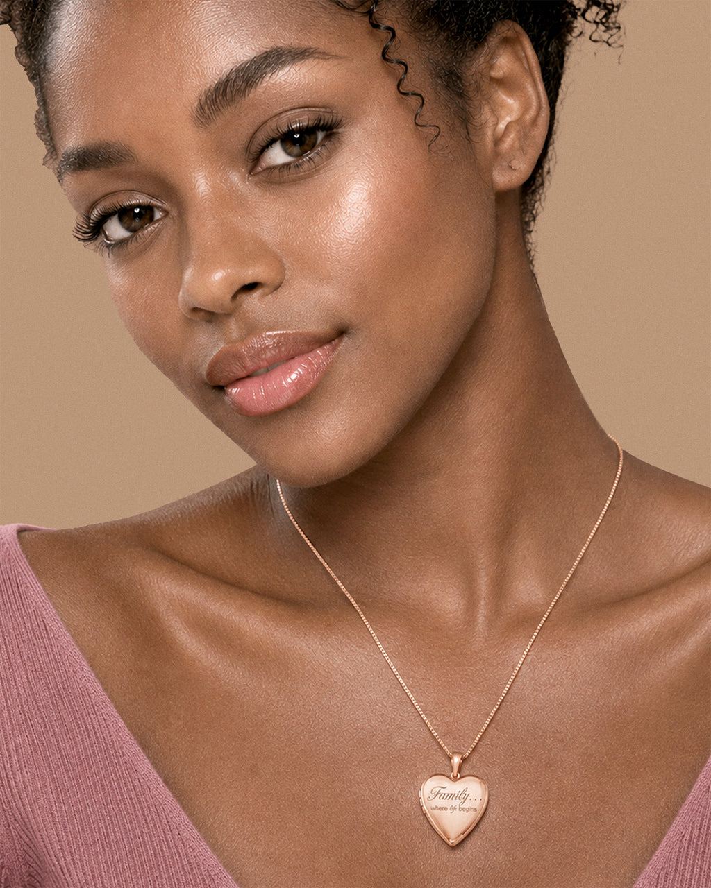 Rose Gold Plated Family Love Heart Photo Locket - on model