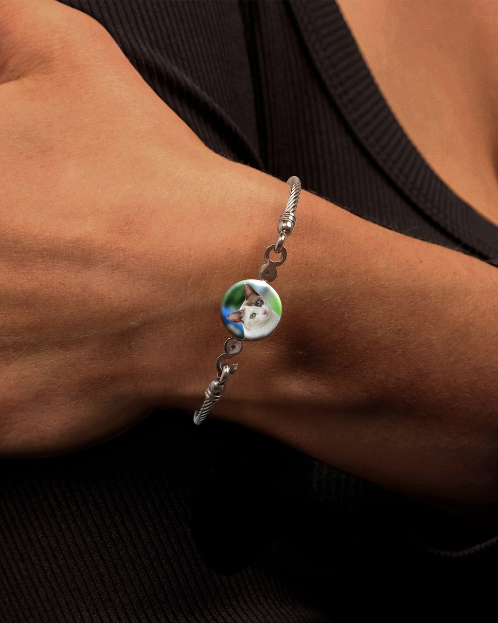 Stainless Steel Photo Engraved Bangle Bracelet - on model