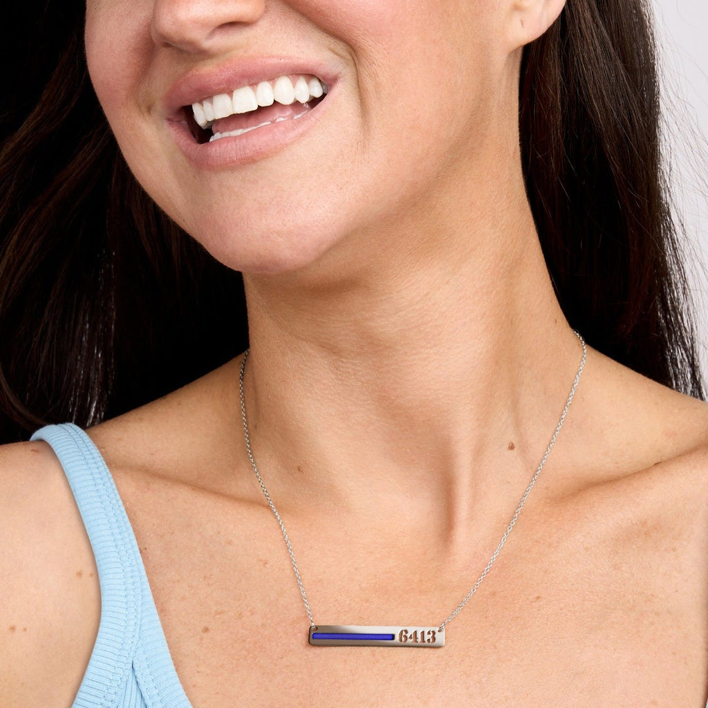 Personalized Horizontal Thin Blue Line Police Necklace with 18" Chain