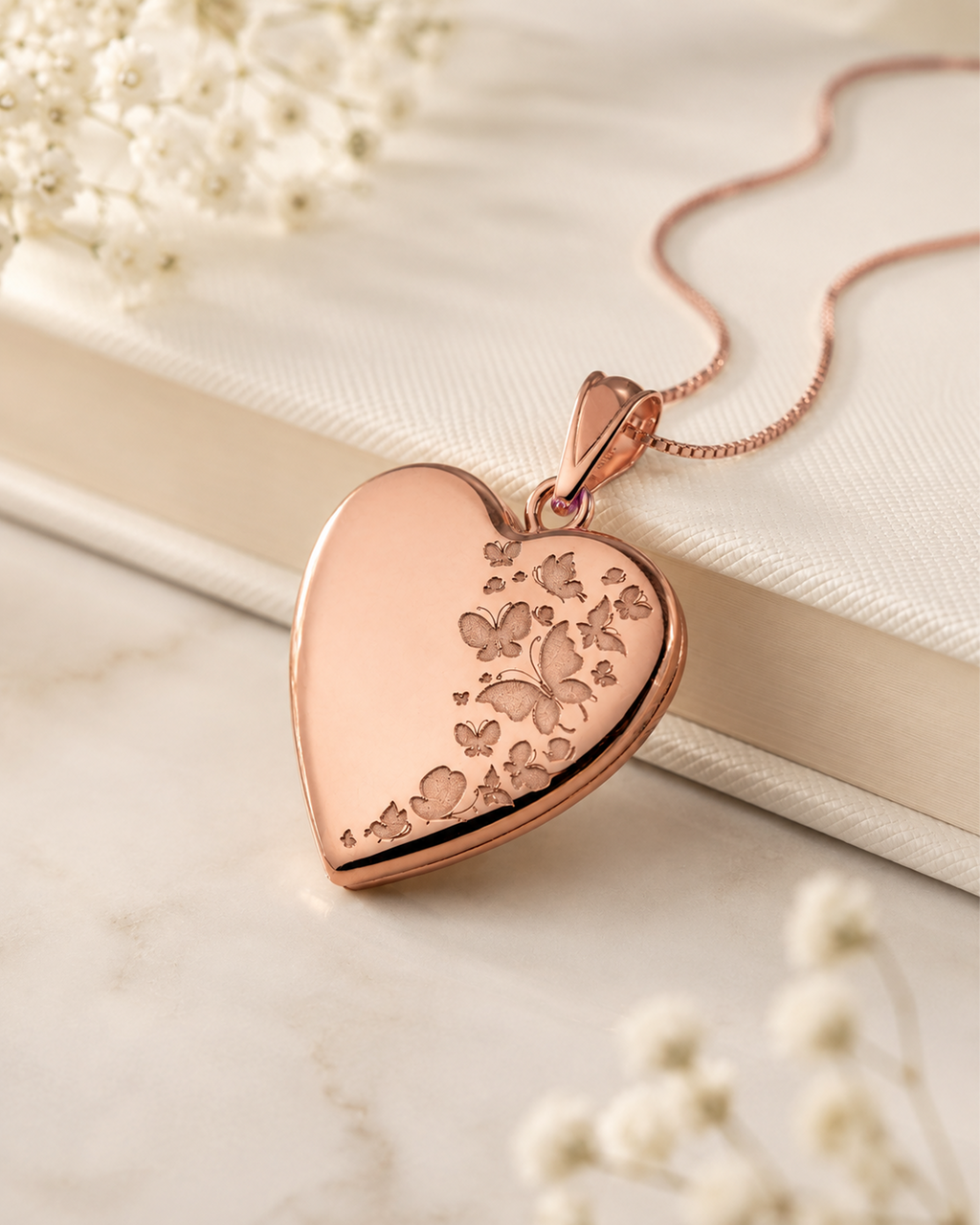 Rose Gold Plated "Butterflies" Heart Photo Locket - lifestyle