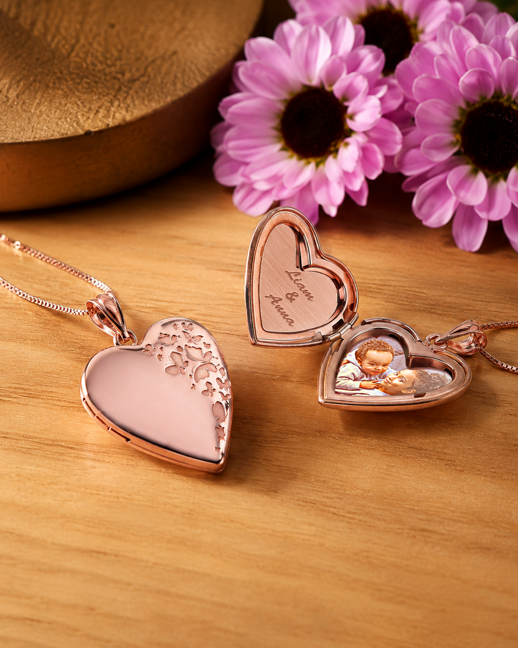 Rose Gold Plated "Butterflies" Heart Photo Locket - lifestyle