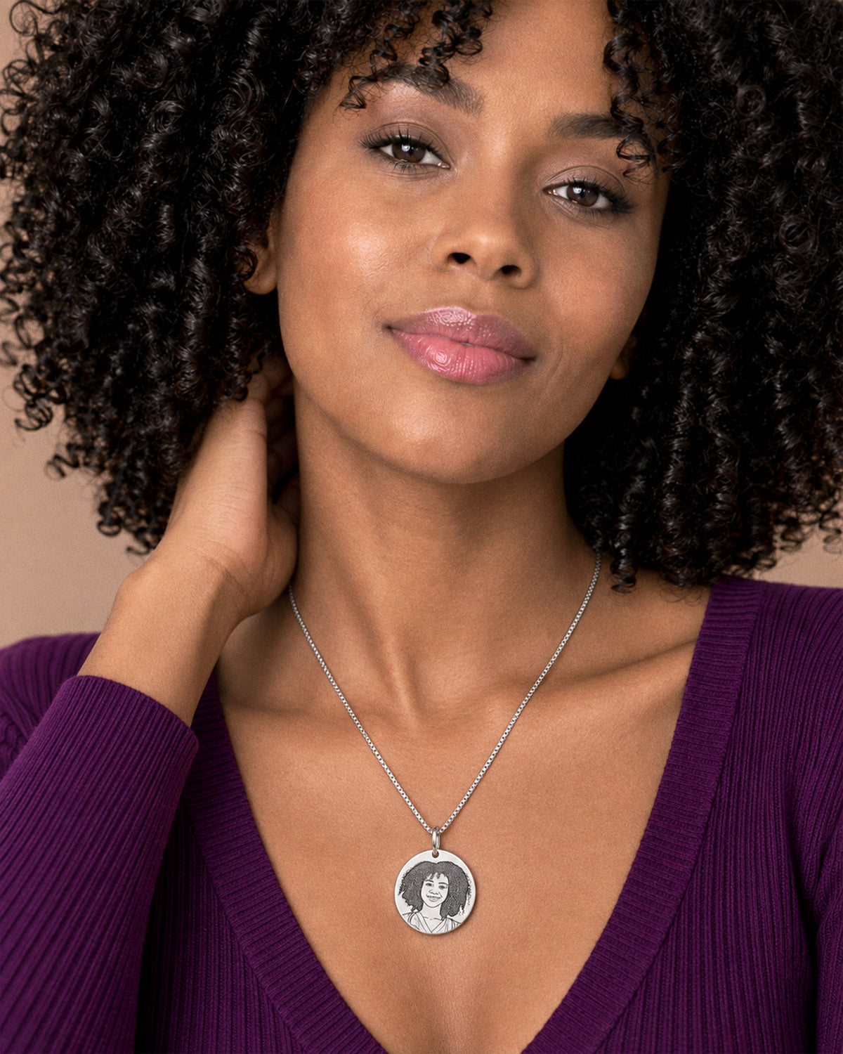 Antiqued Laser Carved Photo Round Disc Pendant with 18" Necklace Included - on model