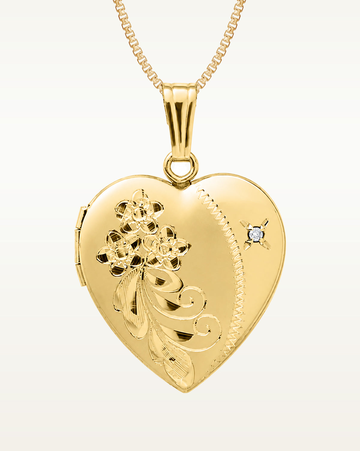 14k Gold Filled Floral Heart Photo Locket with Diamond