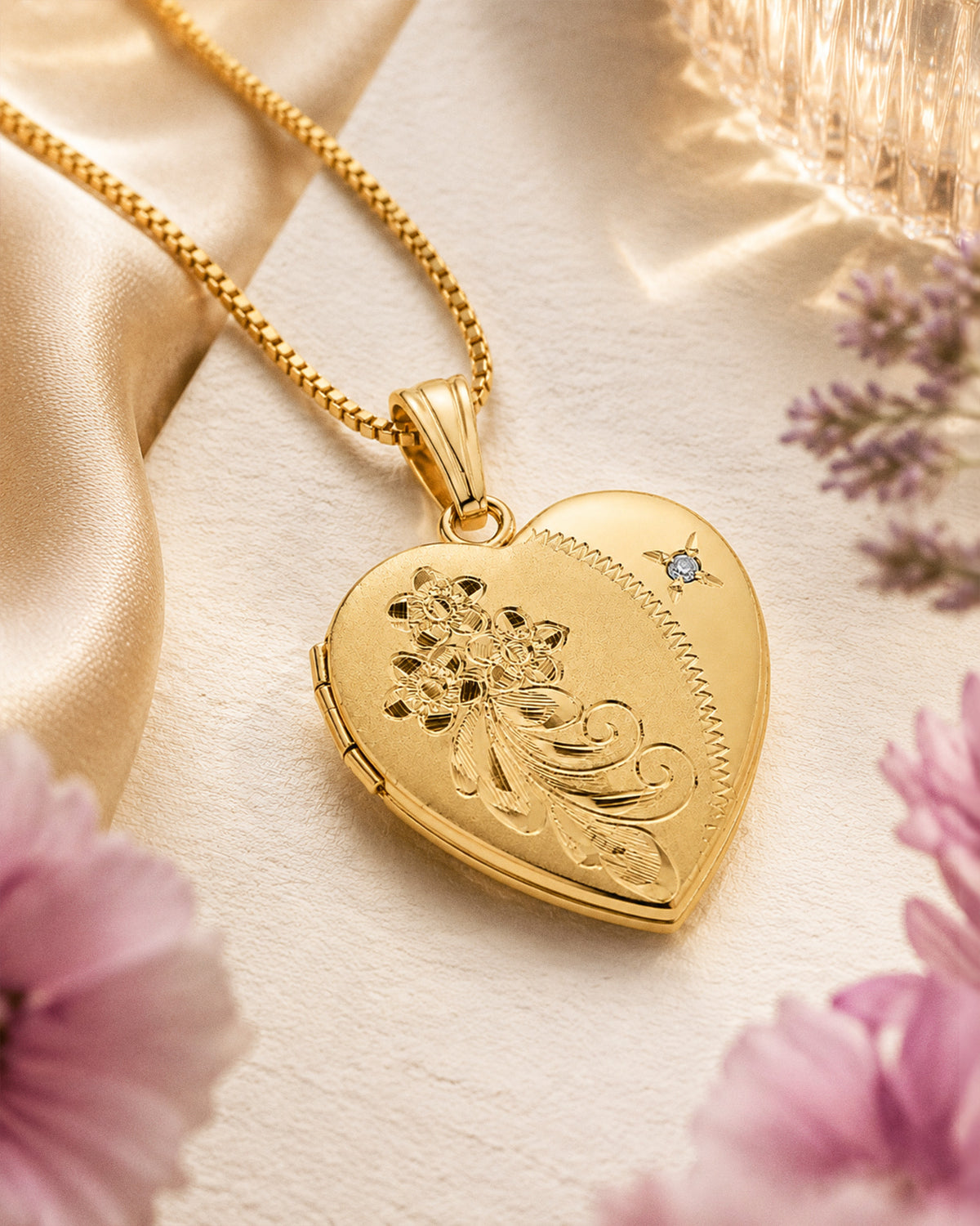 14k Gold Filled Floral Heart Photo Locket with Diamond - lifestyle