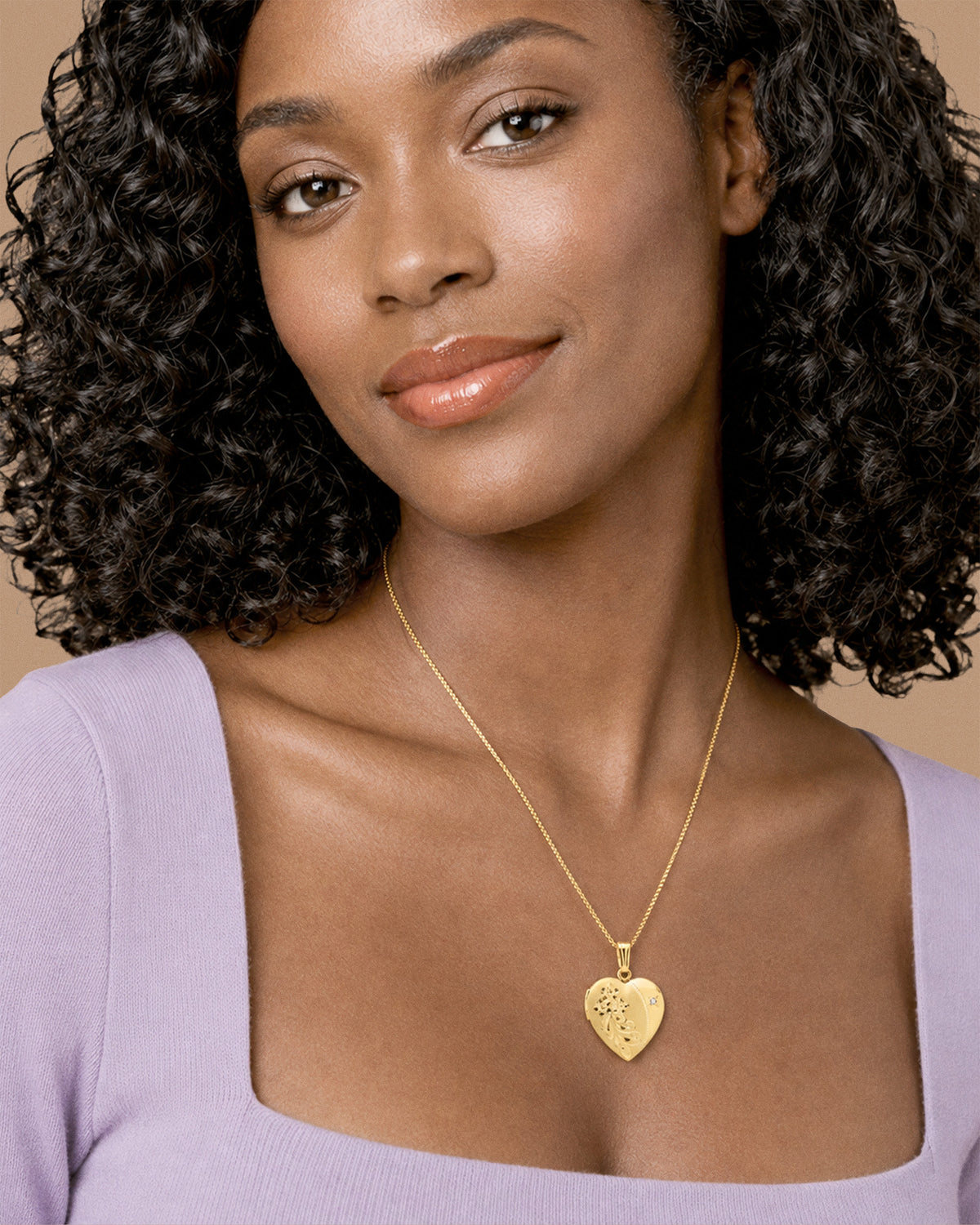 14k Gold Filled Floral Heart Photo Locket with Diamond - on model