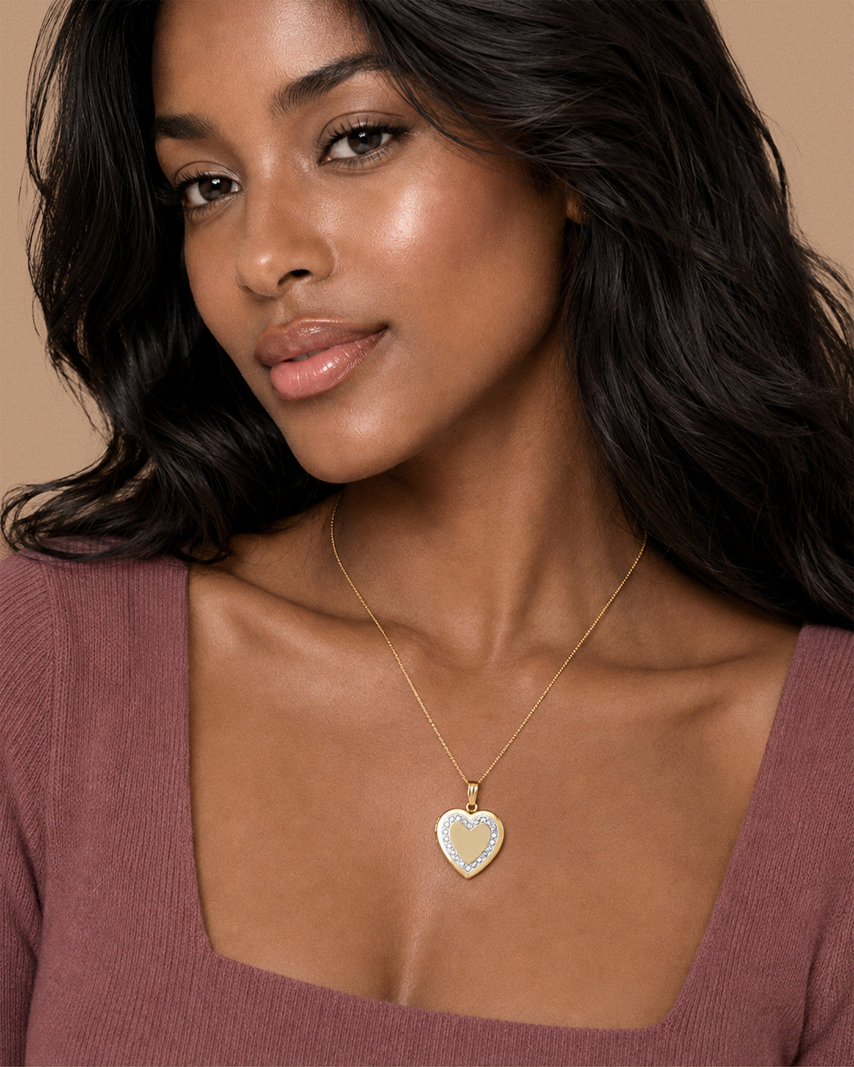 14k Gold Filled Heart Photo Locket With Diamond Border - on model
