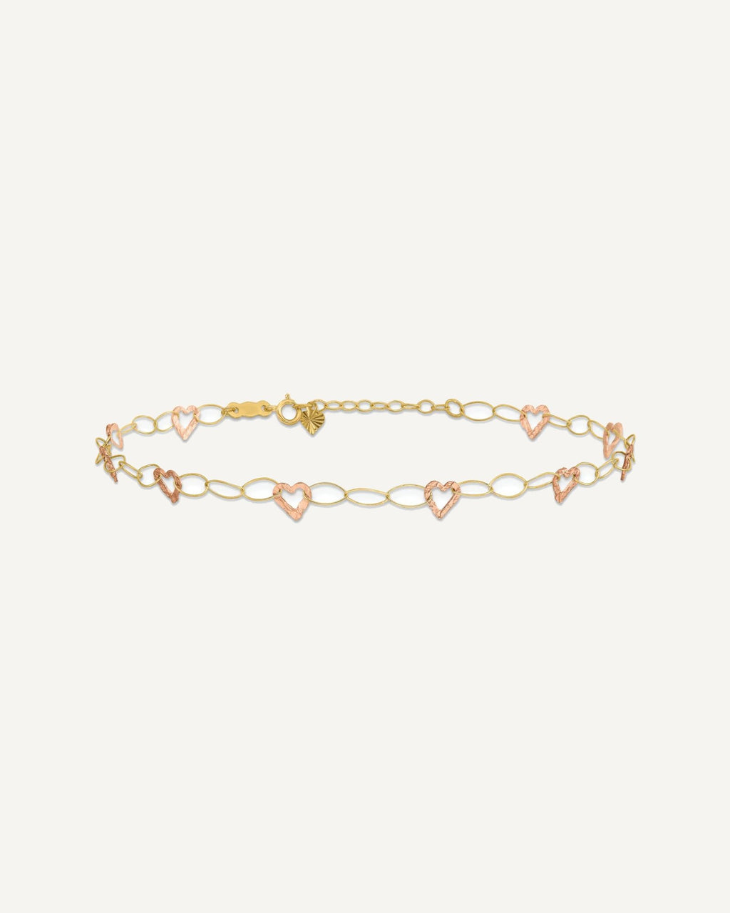 14k Two-tone Hammered Open Hearts and Oval Link 9 inch Plus 1 inch Extender - Total 10 inch Anklet – View 3