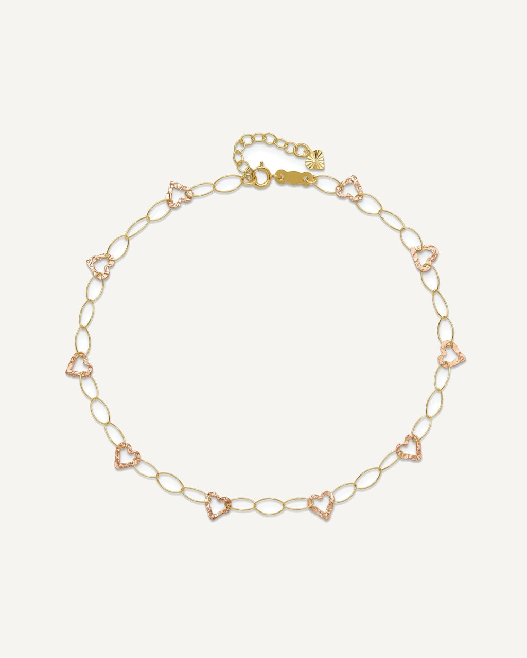 14k Two-tone Hammered Open Hearts and Oval Link 9 inch Plus 1 inch Extender - Total 10 inch Anklet – View 5