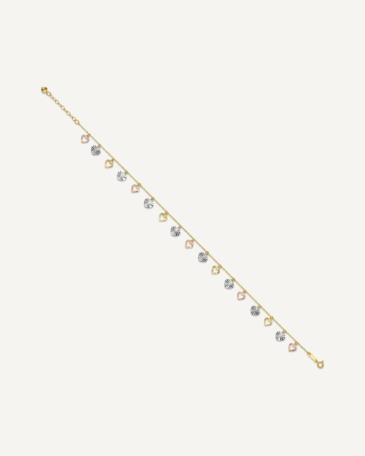 14K Tri-Color Dangle Hearts 9 inch Plus 1 inch Extender - Total 10 inch Anklet – View 2