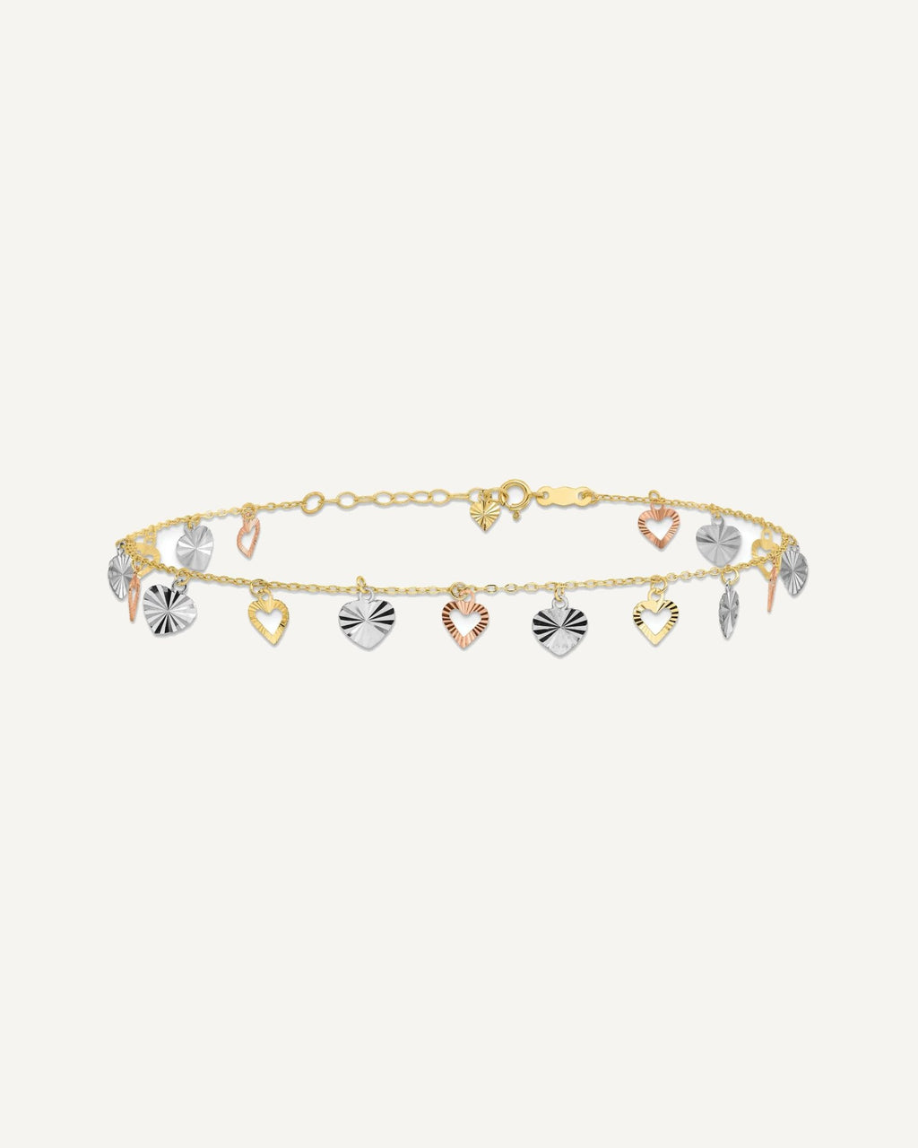 14K Tri-Color Dangle Hearts 9 inch Plus 1 inch Extender - Total 10 inch Anklet – View 3