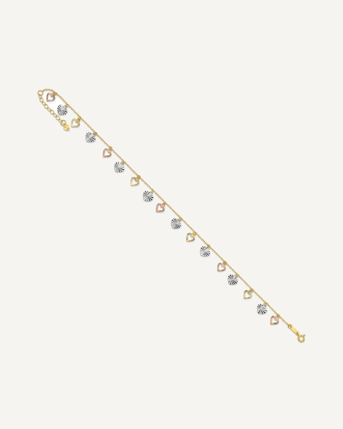 14K Tri-Color Dangle Hearts 9 inch Plus 1 inch Extender - Total 10 inch Anklet – View 7