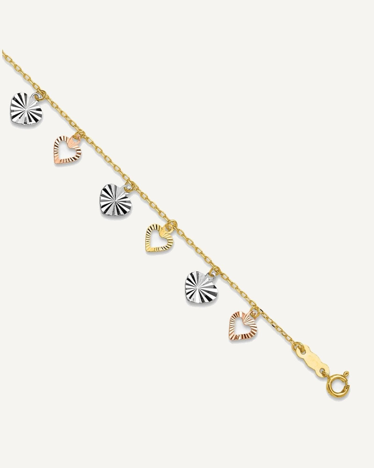 14K Tri-Color Dangle Hearts 9 inch Plus 1 inch Extender - Total 10 inch Anklet – View 1