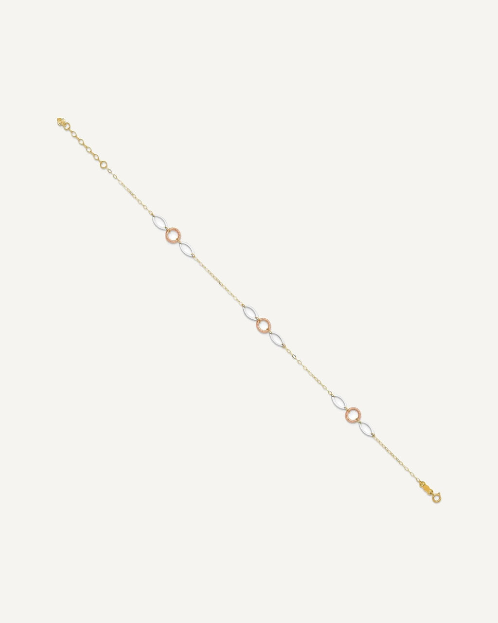 14k Tri-color Circle and Oval 3-Station 9 inch Plus 1 inch Extender - Total 10 inch Anklet – View 2