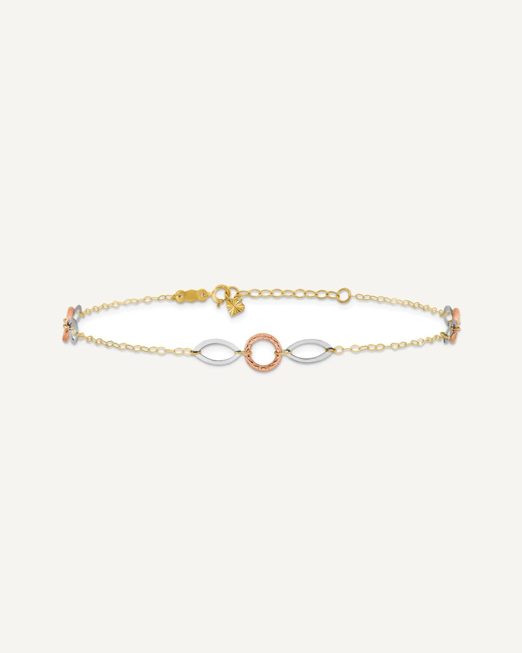 14k Tri-color Circle and Oval 3-Station 9 inch Plus 1 inch Extender - Total 10 inch Anklet – View 3