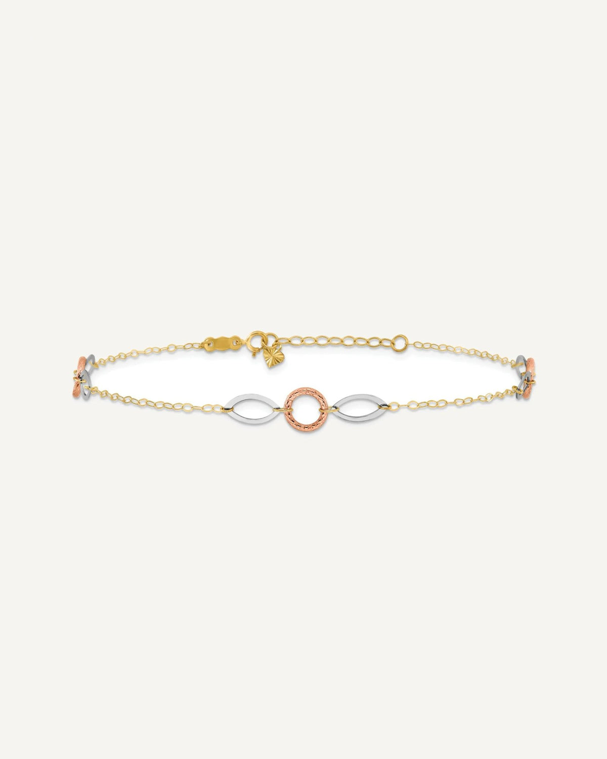 14k Tri-color Circle and Oval 3-Station 9 inch Plus 1 inch Extender - Total 10 inch Anklet – View 3