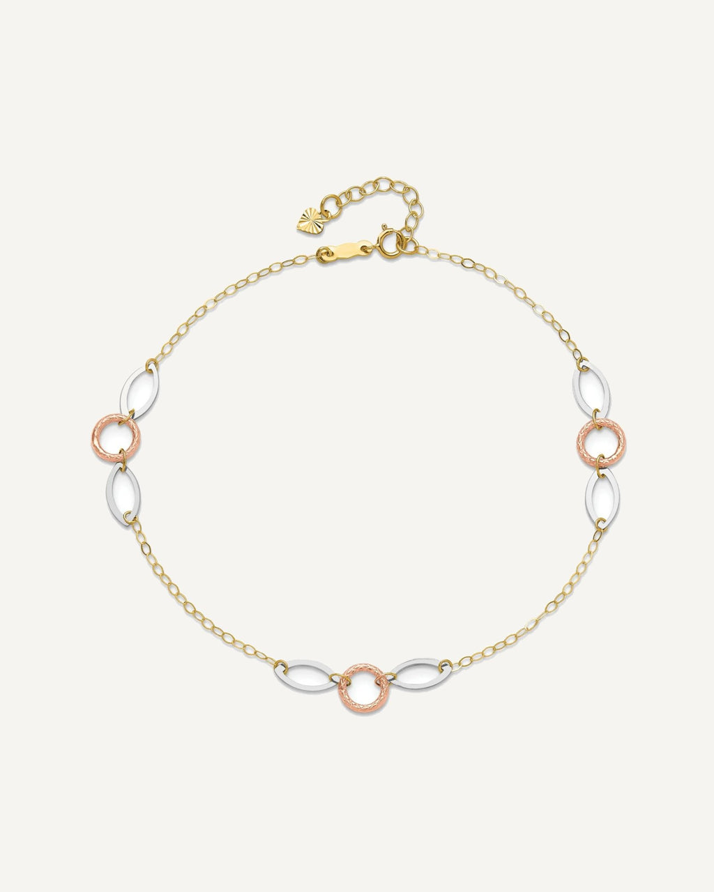 14k Tri-color Circle and Oval 3-Station 9 inch Plus 1 inch Extender - Total 10 inch Anklet – View 4