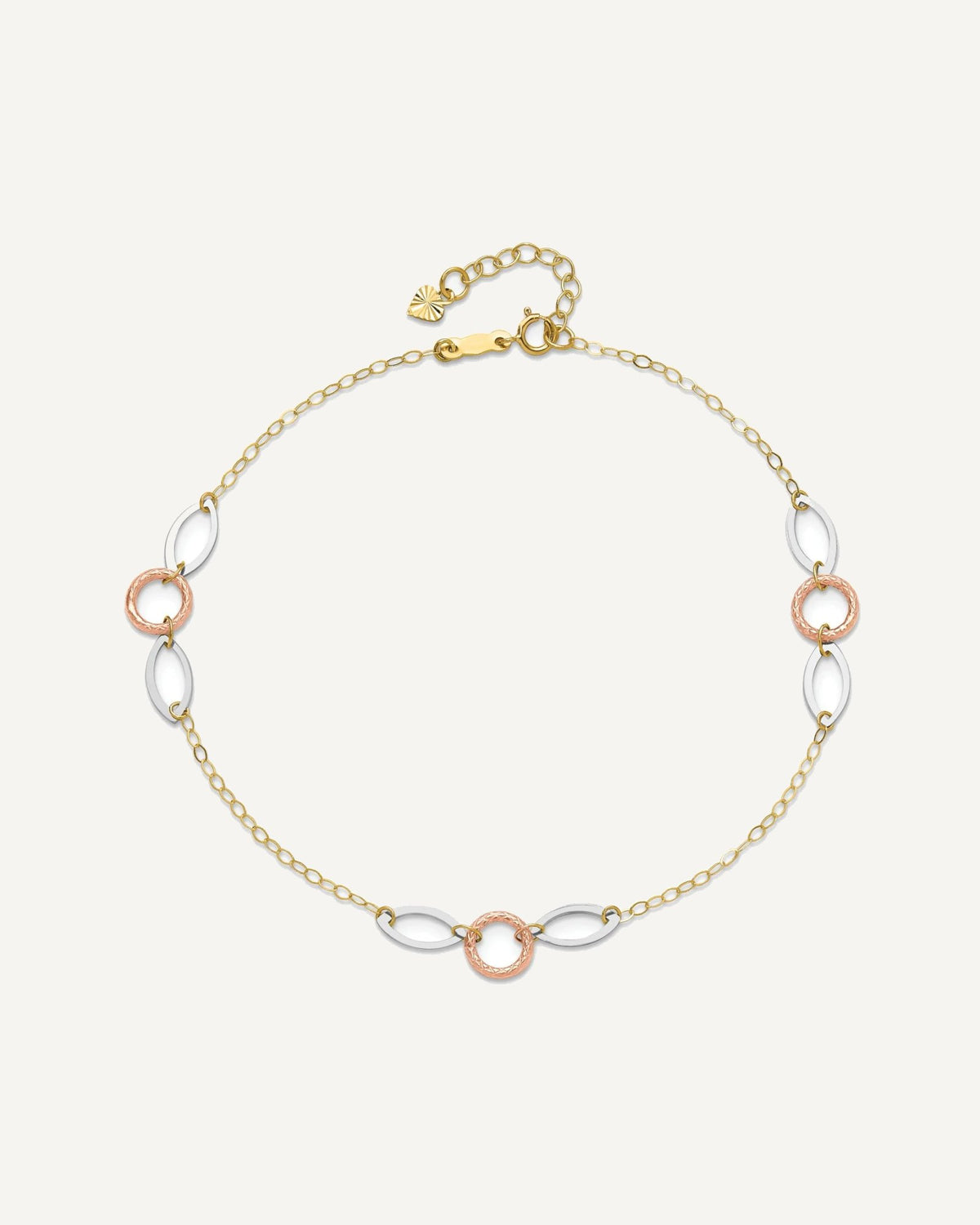 14k Tri-color Circle and Oval 3-Station 9 inch Plus 1 inch Extender - Total 10 inch Anklet – View 4
