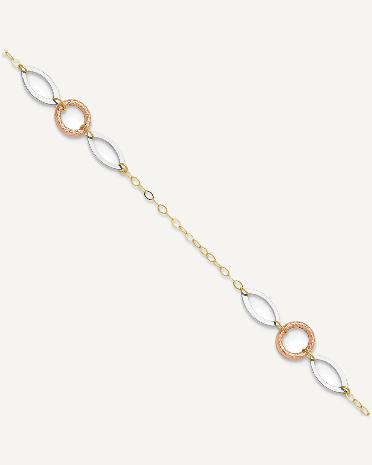 14k Tri-color Circle and Oval 3-Station 9 inch Plus 1 inch Extender - Total 10 inch Anklet – View 1