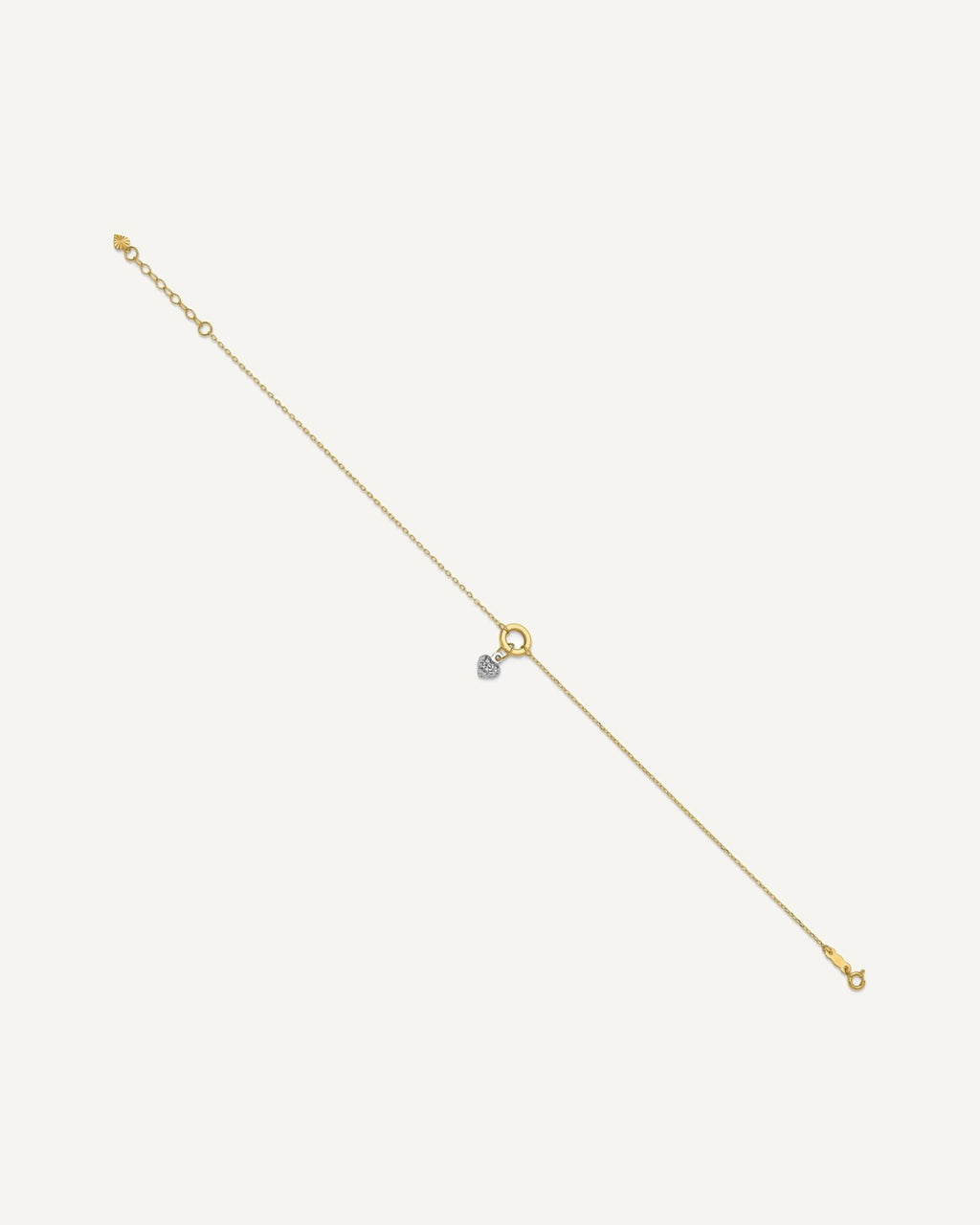 14K Two-tone Circle with Diamond-cut Puffed Heart Dangle 9 inch Plus 1 inch Extender - Total 10 inch Anklet – View 2