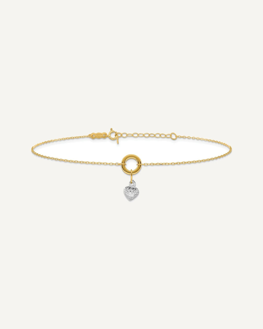 14K Two-tone Circle with Diamond-cut Puffed Heart Dangle 9 inch Plus 1 inch Extender - Total 10 inch Anklet – View 3