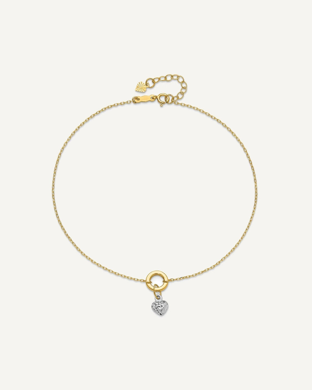 14K Two-tone Circle with Diamond-cut Puffed Heart Dangle 9 inch Plus 1 inch Extender - Total 10 inch Anklet – View 4