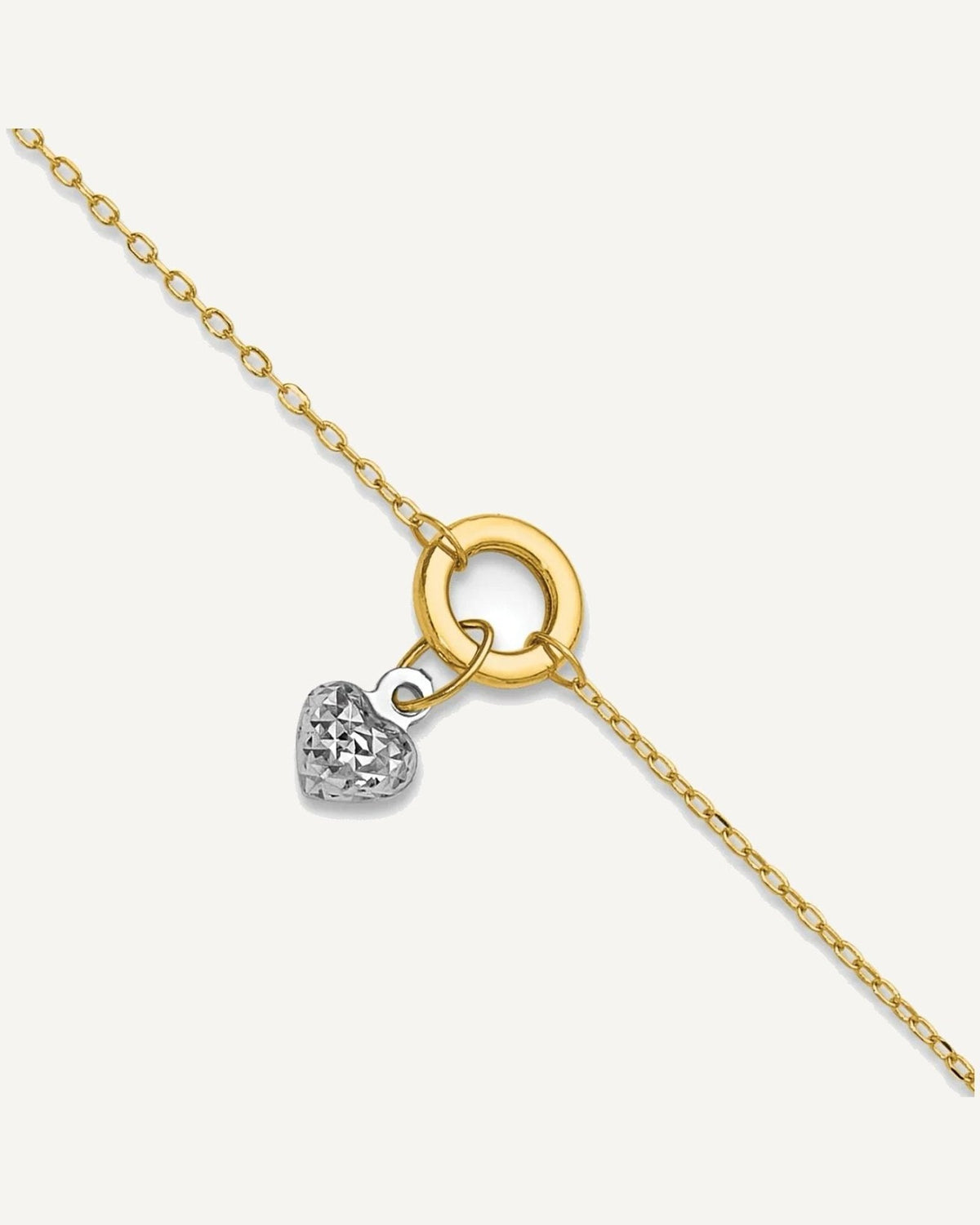14K Two-tone Circle with Diamond-cut Puffed Heart Dangle 9 inch Plus 1 inch Extender - Total 10 inch Anklet – View 1