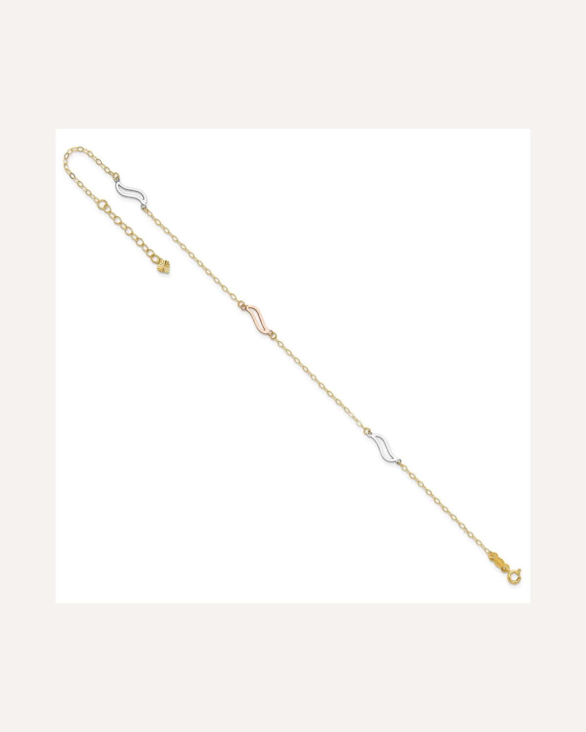 14K Tri-color Open Wavy Links 3-Station 9 inch Plus 1 inch Extender - Total 10 inch Anklet – View 7