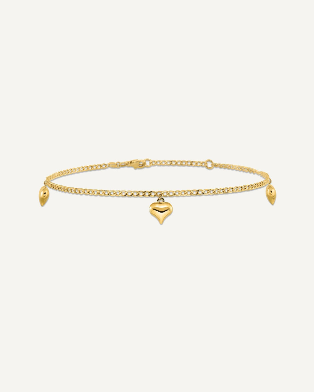 14K Polished Curb Chain with 3 Puffed Heart Dangles 9 inch Plus 1 inch Extender - Total 10 inch Anklet – View 3
