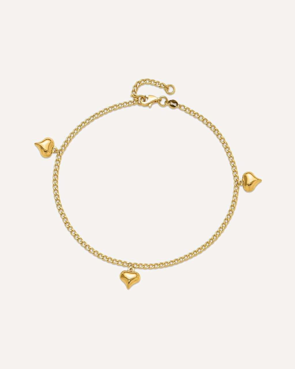 14K Polished Curb Chain with 3 Puffed Heart Dangles 9 inch Plus 1 inch Extender - Total 10 inch Anklet – View 4