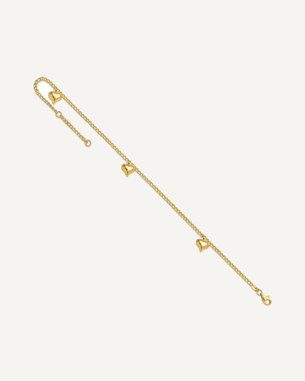 14K Polished Curb Chain with 3 Puffed Heart Dangles 9 inch Plus 1 inch Extender - Total 10 inch Anklet – View 7