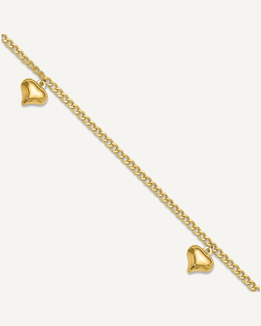 14K Polished Curb Chain with 3 Puffed Heart Dangles 9 inch Plus 1 inch Extender - Total 10 inch Anklet – View 1