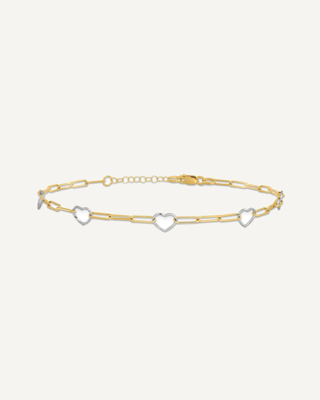 14K Two-tone 5 Hearts and Paperclip Links 9 inch Plus 1 inch Extender - Total 10 inch Anklet – View 3