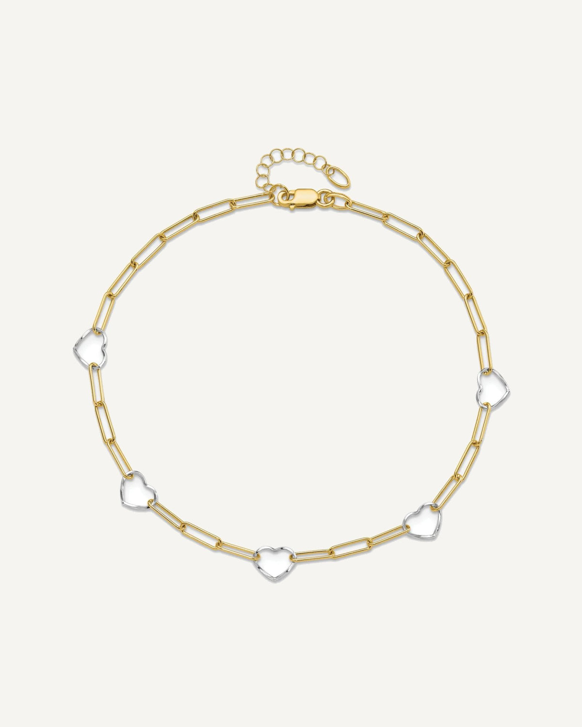14K Two-tone 5 Hearts and Paperclip Links 9 inch Plus 1 inch Extender - Total 10 inch Anklet – View 4